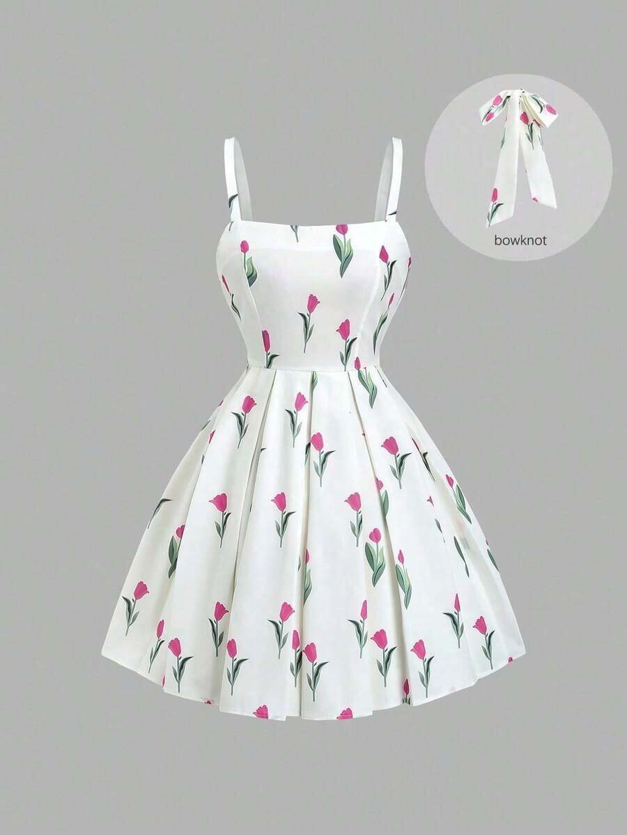 Vestido de tirantes plisado con estampado floral elegante para mujer, para verano - Multicolor - Ver 1