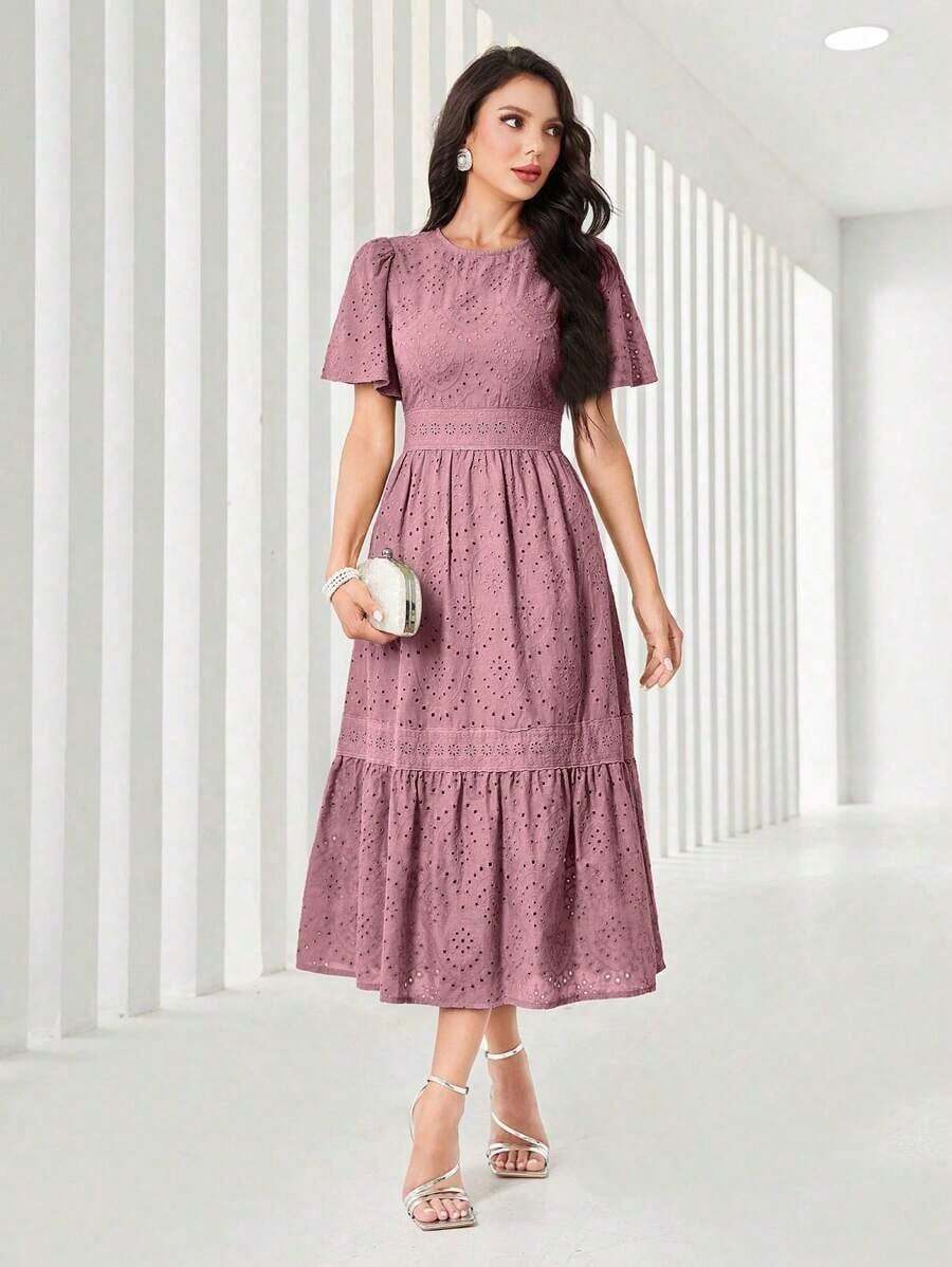 Vestido midi de mujer con cuello redondo, mangas con volantes, bordado y dobladillo con volantes - Rosa vieja - Ver 1