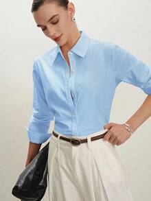 Camisa de manga larga con botones de estilo empresarial de hombro regular en color rosa, adecuada para el tránsito urbano, la oficina y el uso casual, primavera/verano - Azul - Ver 5