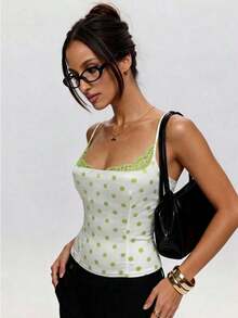 Camiseta de mujer con estampado de lunares y encaje en contraste - Verde - Ver 6