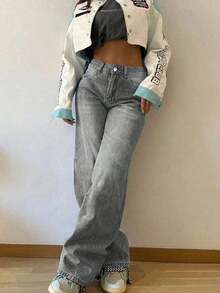 Jeans rectos holgados y apilados de estilo vintage para mujer, casuales para primavera - Gris Claro 2 - Ver 4