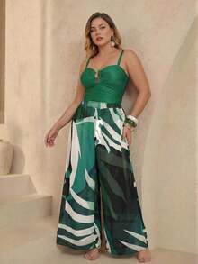 Traje de baño de una pieza con tirantes finos, cuello bajo y estampado de jacquard verde, talla grande talla, con pareo como conjunto de traje de baño de 2 piezas para vacaciones informales - verde oscuro - Ver 9