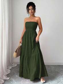 Vestido de verano casual sin tirantes para mujer - Caqui - Ver 11