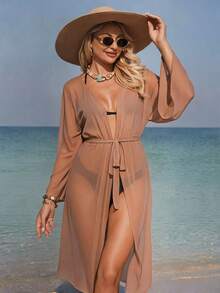 Women's Light Pink Solid Color Cardigan, V-Neck Long Sleeve Belted Semi-Sheer Mid-Length Loose Elegant Beach Resort Kimono Vacation Summer - Apricot - View 2