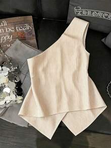 Blusa de mujer con hombro asimétrico, cintura ceñida, hebilla metálica y decoración de estrella de mar - Albaricoque - Ver 2