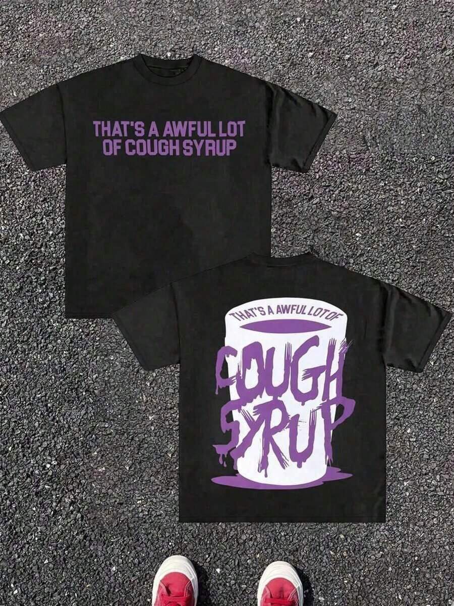 Camisetas casuales unisex de primera calidad con diseño divertido de jarabe para la tos para hombre - Morado intenso con la frase 'Eso es muchísimo jarabe para la tos' y estampado de la botella de jarabe en la parte trasera - Camiseta suave de corte holgado para festivales de música, fiestas, atuendo casual - Idea de regalo novedosa y divertida para hombre - Camisetas de verano de algodón para mujer para todas las estaciones | Camisetas Casuales Versátiles, Ropa para Vacaciones y Festivales | Vestidos de Pascua, Regalo para el Día de la Madre | Ropa Holgada y Cómoda • Envío Gratuito - Negro - Ver 1