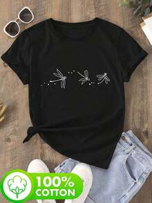 Camiseta de algodón puro para mujer, estampada con un diseño de tres libélulas, es perfecta para usar en primavera y verano, adecuada para vestimenta casual al salir, hacer ejercicio o ir de vacaciones, y presenta un diseño suave y cómodo. - Negro - Ver 2