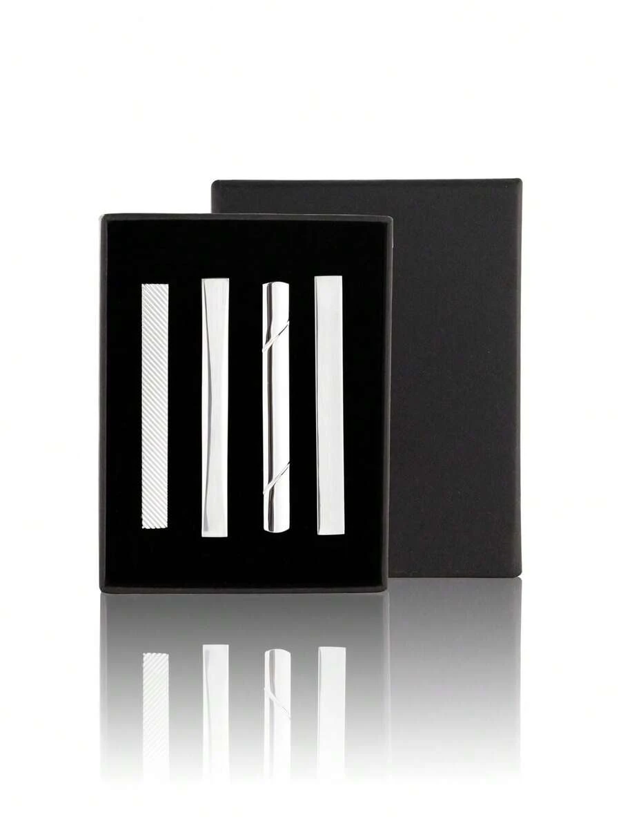 5 Pcs Classic Silver Tie Clip With Box Set, Regular Necktie Bowtie Business Tie Bar, Fashion Jewelry Accessories For Men Boys,Suitable For Formal Business Wedding Christmas Father's Day Gift - Silver - View 1