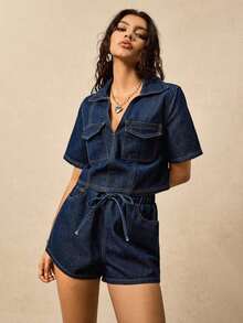 Conjunto informal de mujeres de mezclilla vintage con bolsillos - Azul - Ver 4