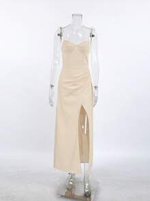 Caqui algodón, lino, horquilla, falda de tirantes, vestido de moda y sensual para adelgazar - Caqui - Ver 8