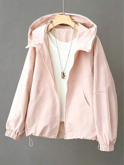 Women's Casual Hooded Loose Jacket, Military Style Windbreaker Pink