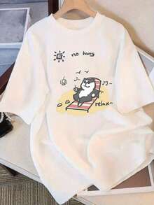 Camiseta manga corta cuello redondo 100% algodón, estampado trendy, tejido ligero y ventilado, estilo moda casual, apta para vida diaria, salidas informales y citas en primavera, verano y otoño - Negro - Ver 6