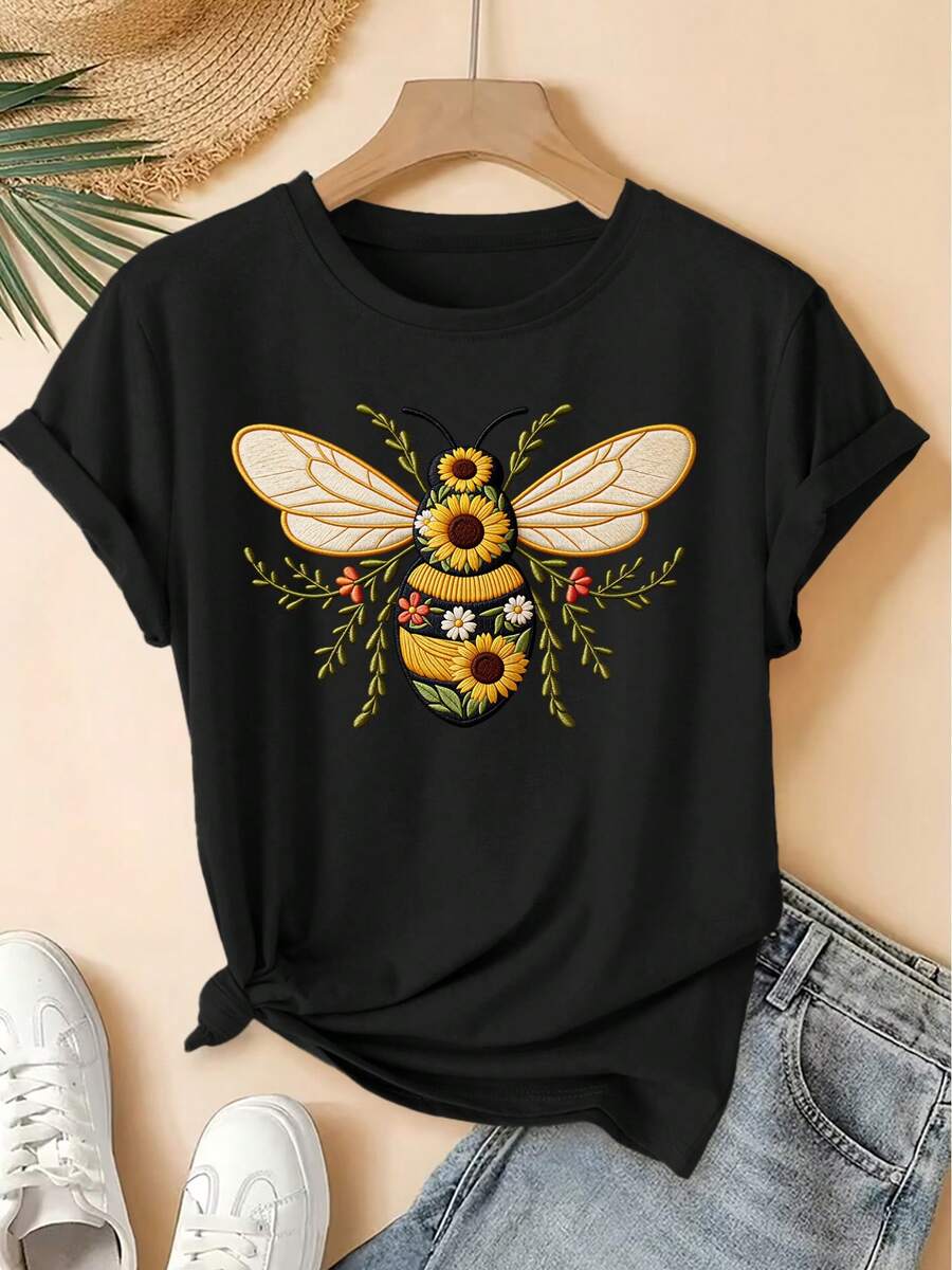 Primavera/Verano 2026, Nueva Camiseta de Manga Corta para Mujer con Cuello Redondo y Estampado de Abeja y Girasol, Estilo Retro Desgastado, Top Casual, Tela Suave, Ropa de Mujer de Alta Calidad | Diseño Divertido y Gracioso | Adecuado para la primavera - Negro - Ver 1