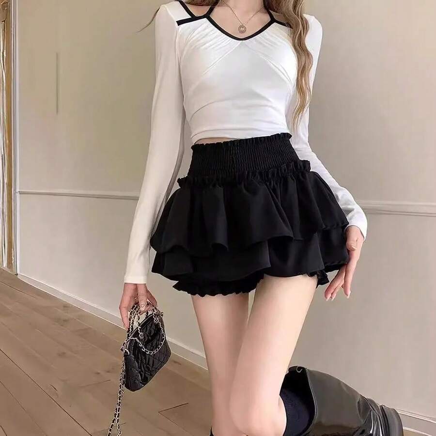 Minifalda bonita y Sexy Balletcore, vestido de baile elástico de cintura alta, falda de retazos con volantes de Lolita, ropa corta coreana dulce Y2K para mujer - Negro - Ver 1