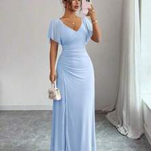 Elenzya Women's Light Purple V-Neck Ruffle Sleeve Pleated Waist Split Dress, Elegant Bridesmaid Dress, Party Gown, Spring/Summer - Azul - Ver 1