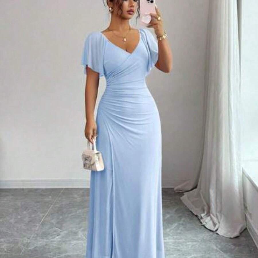 Elenzya Women's Light Purple V-Neck Ruffle Sleeve Pleated Waist Split Dress, Elegant Bridesmaid Dress, Party Gown, Spring/Summer - Azul - Ver 1