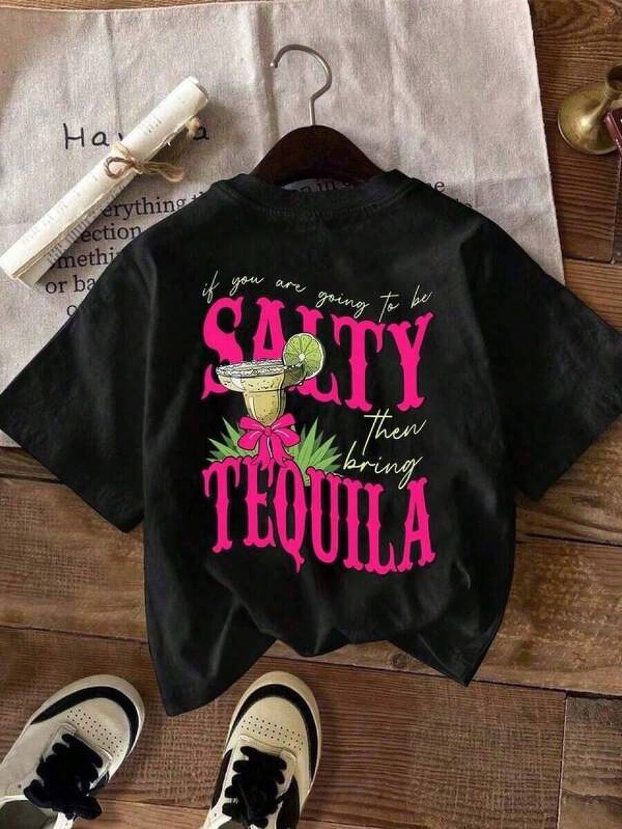 Oferta especial en tallas grandes: 1pc camiseta deportiva de manga corta y cuello redondo para mujer, 100 % algodón, de 180 g. Diseñada por un artista Y2K al estilo Bababask, ideal para el día a día, fiestas y todo tipo de celebraciones. Con un estampado de letras elegante y moderno, es perfecta tanto para regalar como para combinar en pareja, y se puede llevar en cualquier época del año. - Negro - Ver 1