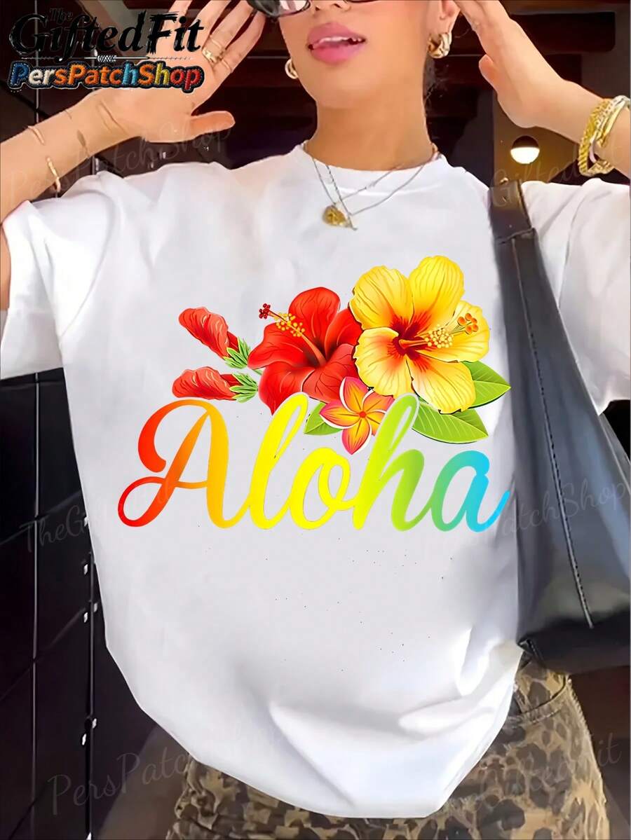 Women's Tropical Aloha T-Shirt - Hawaiian Floral And Pineapple Print, Cool Polyester - For Beach Vacations. Summer T-Shirt For Men And Women, Casual Crew Neck, Fun And Comfortable Graphic Tee For All Seasons. - 白色 - 查看 1