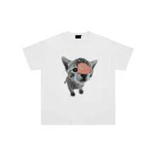 [Bestseller]Camiseta de manga corta con estampado de gato divertido "Evil Kitten" para hombre y mujer, corte holgado con hombros caídos, Sorona - Blanco - Ver 4