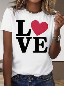 Women's Black And White Short-Sleeved T-Shirt For Home And Outdoors, With Heart Print, Casual Short-Sleeved Top For Valentine's Day Gift, Nice Gift For Couples, Romantic Clothing, Matching Sets For Couples. - 白色 - 查看 9