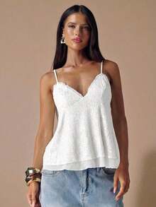 Camiseta de mujer con decoración de lentejuelas - Blanco - Ver 1