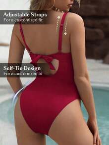 Swim Chiccia Traje de baño de una sola pieza para mujeres con pliegues unicolor y correa para la playa de verano - Burdeos - Ver 2