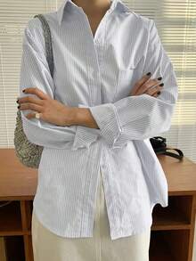 Camisa de manga larga con bolsillo y hombros caídos a rayas verticales, ropa de otoño - Gris Claro - Ver 5