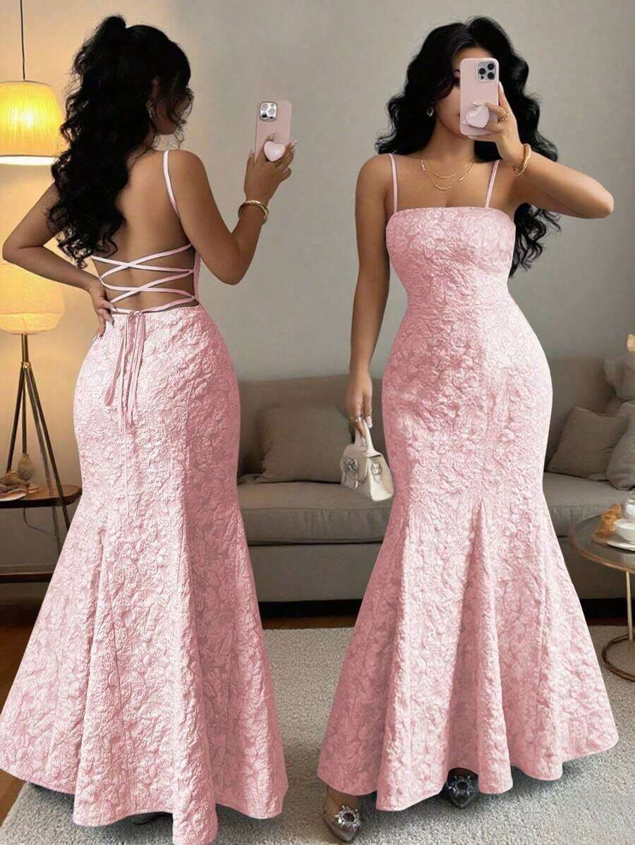Vestido de fiesta de satén con textura floral azul, de tirantes cruzados y sin mangas, multifuncional - Rosa Pálido - Ver 1