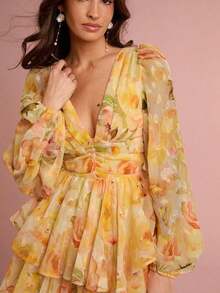 Vestido de verano elegante para mujer con mangas de linterna y estampado floral en todo el vestido - Albaricoque - Ver 2