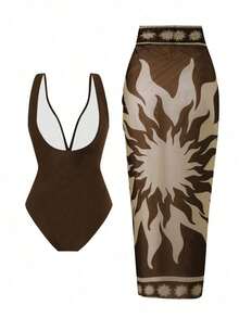 Swim Oasis Set de 2 piezas que incluye 1 traje de baño entero de un solo color y 1 falda larga de malla para playa, verano y vacaciones - Marrón - Ver 2