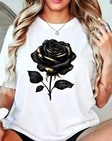 Talla Grande, Camiseta Negra Extra Grande para Mujer con Elegante Estampado de Rosas - Blusa de Manga Corta y Cuello Redondo, Suave y Elástica, para Uso Casual y Semi-Formal - Lavable a Máquina, Cómoda para Uso Diario para Mujeres de Tallas Grandes - Negro - Ver 8