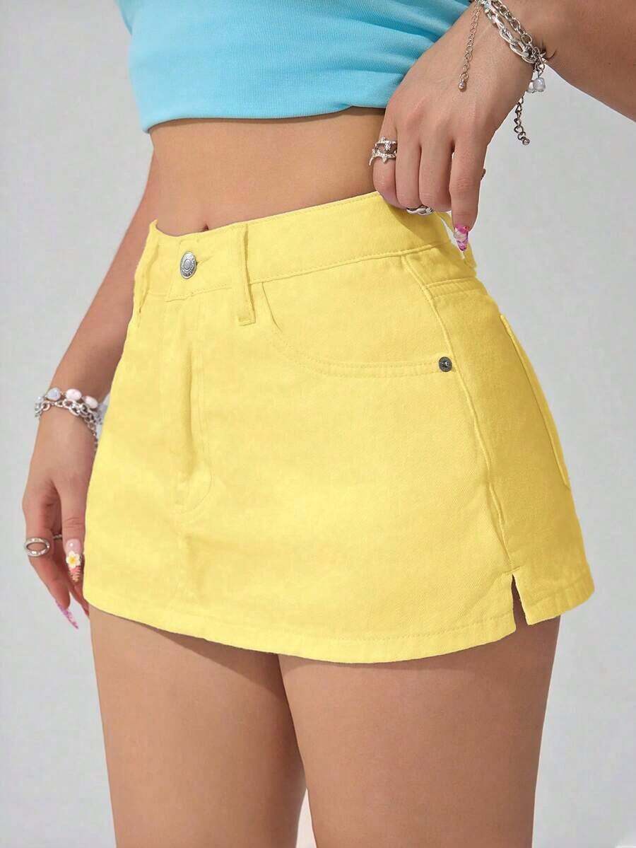 PETITE Pantalones cortos de mezclilla lisos para mujer, de moda para el verano - Amarillo claro - Ver 1