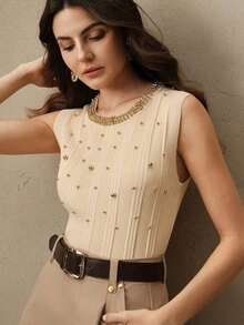 Tops de punto sin mangas elegantes con cuentas gruesas para mujeres, suéteres, Año Nuevo, Día de San Valentín, vacaciones de verano - Albaricoque 2 - Ver 3
