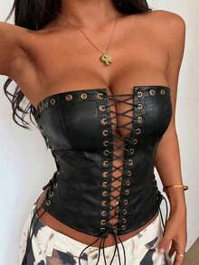 Top corto con tirantes finos y dobladillo con volantes, adecuado para vacaciones en la playa de manera casual - Negro - Ver 8