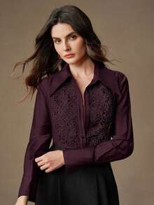 Blusa holgada con apliques de encaje en el cuello, ideal para ir de fiesta o salir - Burdeos - Ver 4