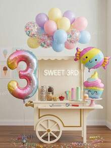 14pcs/Set 32 Inch Gradient Number 0-9 Balloons, Ice Cream Candy Birthday Decor, With 12 Inch Colorful Candy Print Transparent Balloons, 10 Inch Macaron Blue Purple Yellow Pink Latex Balloons, Beach Outdoor Baby Shower Summer Photo Props - View 6