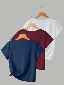 3 piezas Camiseta de mujer de cuello en V de manga corta, tops casuales versátiles clásicos, moda minimalista, adecuada para exteriores, fiestas, estudiantes, maestros, uso diario - Multicolor 6 - Ver 2