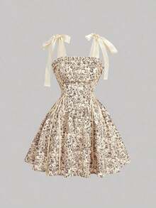 MOD Vestido corto rosado de mujer con estampado floral marrón y cinturón, vestido de patinadora acampanado vintage para graduación y té - Amarillo - Ver 5
