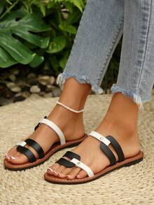 Schwarz-weiße Farbblock Strass Offene Zehe Flache Sandalen Frauen Komfort Lässig Minimalistisch Sommer Urlaub Strand Slide Schuhe - Schwarz - Übersicht 3
