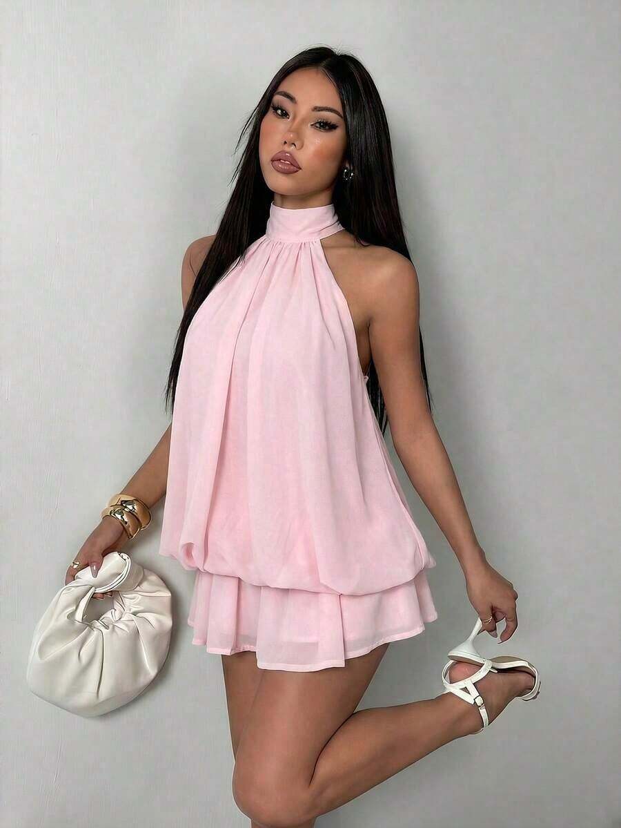 Vestido mini elegante de mujer con escote halter y lazo en color beige - Rosa Pálido - Ver 1
