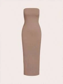 Vestido casual de cena ajustado sin tirantes y de silueta ceñida para mujer - Caqui - Ver 7