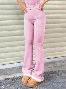 Pantalones Casuales de Mujer de Color Sólido, Cintura Ancha, Corte Ajustado, Plisados, para Primavera - Rosa - Ver 5