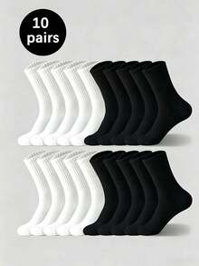 1/5/10 Pairs Unisex Black & White Solid Color Casual Mid-Calf Socks, Soft, Fashionable, Breathable Sports Socks Suitable For Daily Wear, Business, Sports, All Seasons - Black and White - View 11