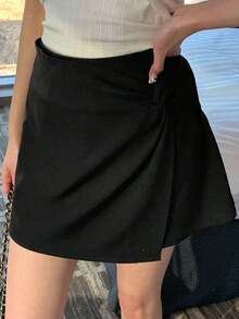 Falda pantalón de verano casual de unicolor con abertura lateral para mujer - Negro 6 - Ver 8