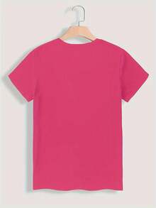 Camiseta manga corta cuello redondo 100% algodón, estampado trendy, tejido ligero y ventilado, estilo moda casual, apta para vida diaria, salidas informales y citas en primavera, verano y otoño - Rosa Fucsia - Ver 2