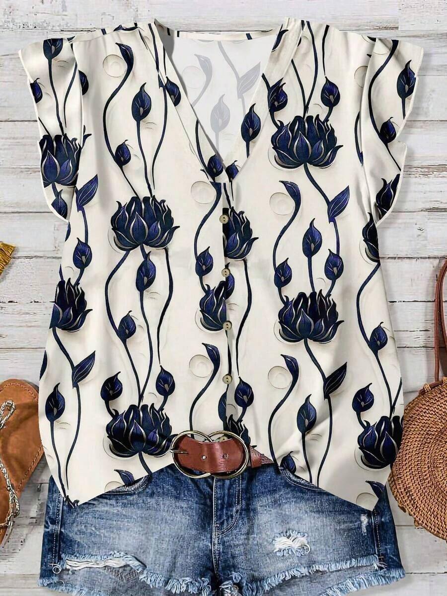 Camisa casual con estampado total para mujer, adecuada para vacaciones de verano - Multicolor 18 - Ver 1