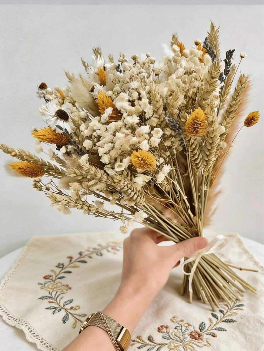 55+ Buquê Misto de Flores Artificiais Incluindo Mosquitinho, Eucalipto, Lavanda, Adequado para Decoração de Casamento, Arranjo de Mesa, Decoração Doméstica, Arranjo Floral DIY, Encher Vasos, Flores de Casamento, Buquê de Noiva, Decoração de Festa - Amarelo - Visão 1