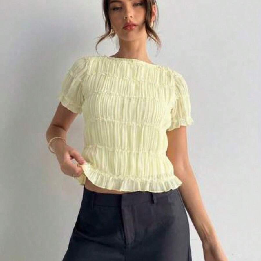 Blusa de mujer elegante de chifón y encaje con parches en color albaricoque - amarillo ganso - Ver 1