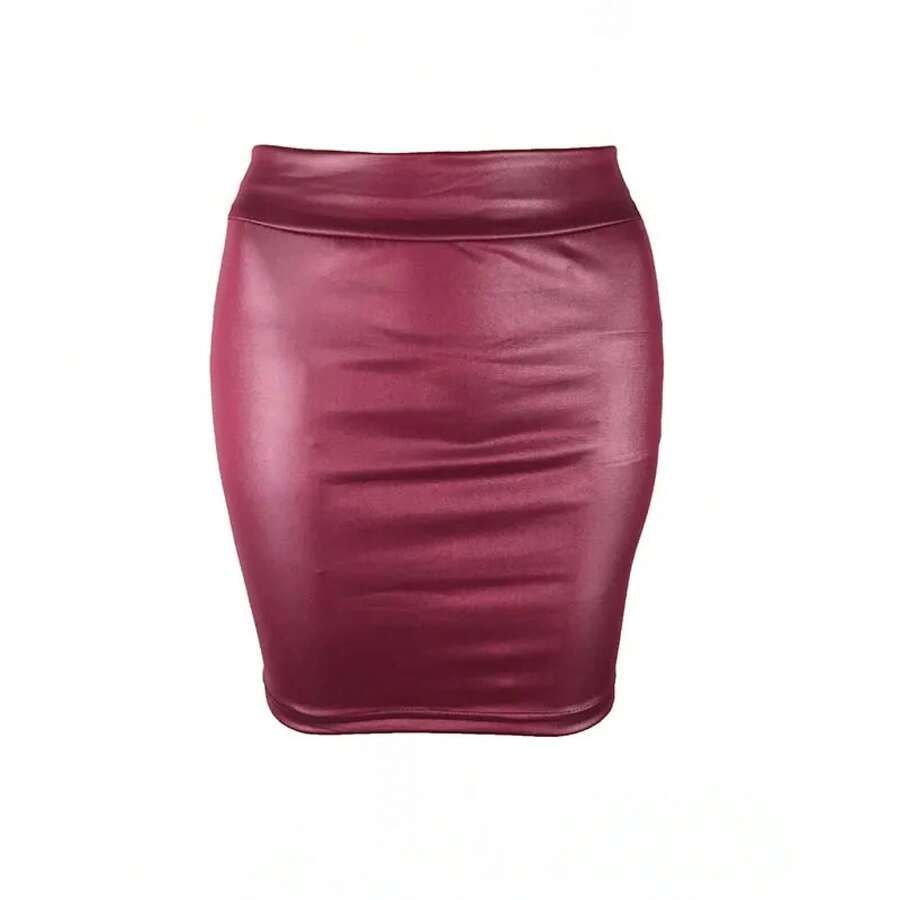 Black Fitted Faux Leather Pencil Mini Skirt, Sexy High-Waisted Korean Fashion Short Skirts For Women, Wholesale, Sweet Summer - 酒紅色 - 查看 1