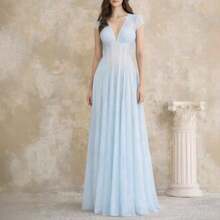 Vestido largo de mujer de moda en color sólido con cuello en V estilo té suave para primavera y otoño - Celeste - Ver 6